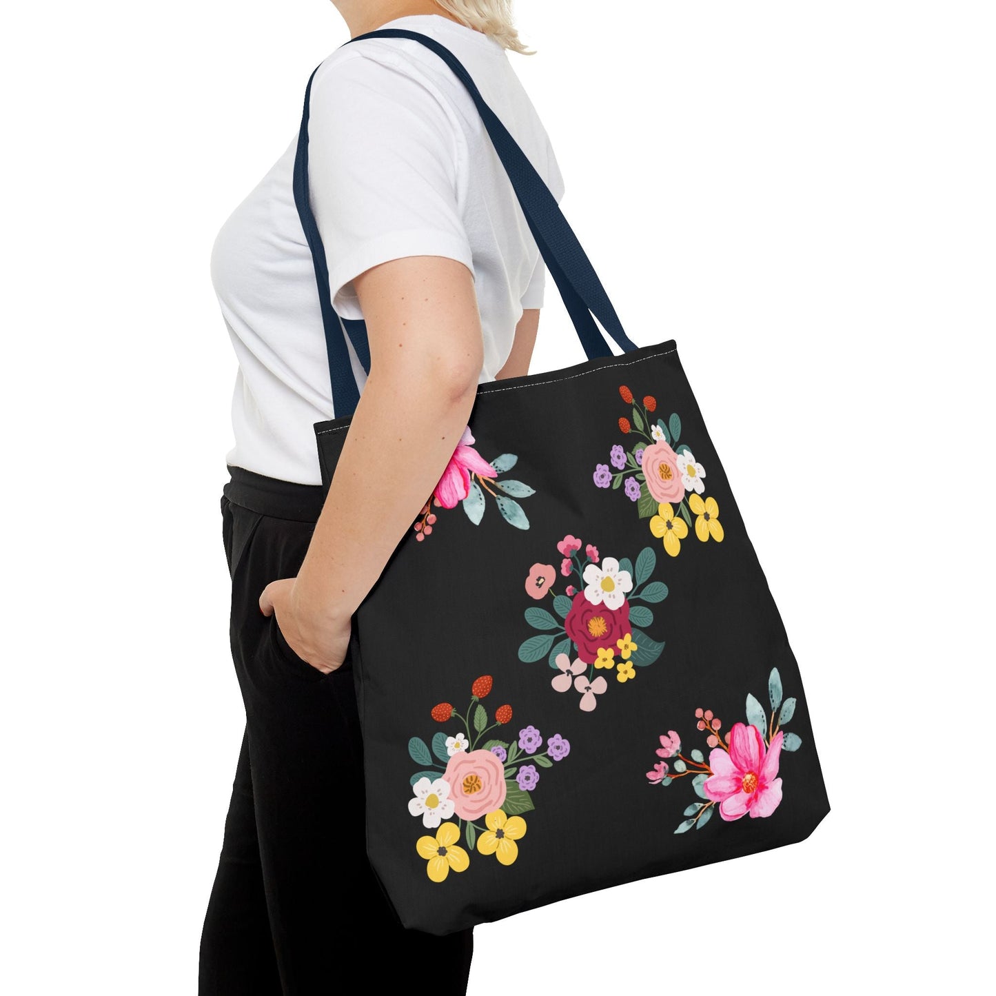 Floral Embroidered Tote Bag - Stylish Black Floral Design for Everyday Use