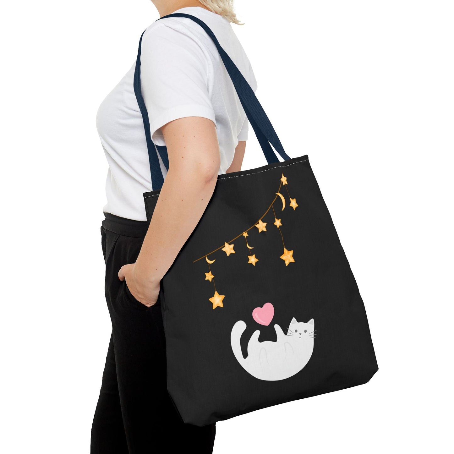 Whimsical Cat Tote Bag with Stars and Hearts