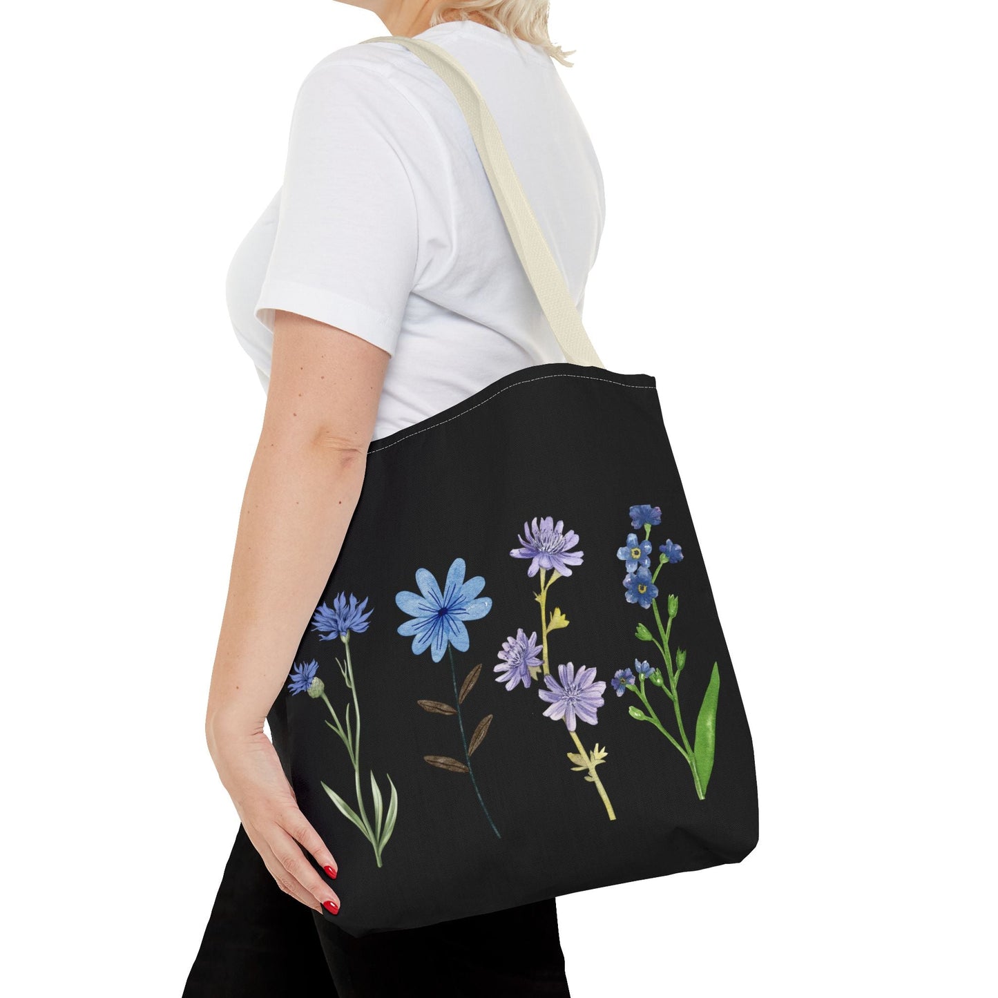 Floral Elegance Tote Bag - Stylish Black Canvas with Colorful Wildflowers for Everyday Use