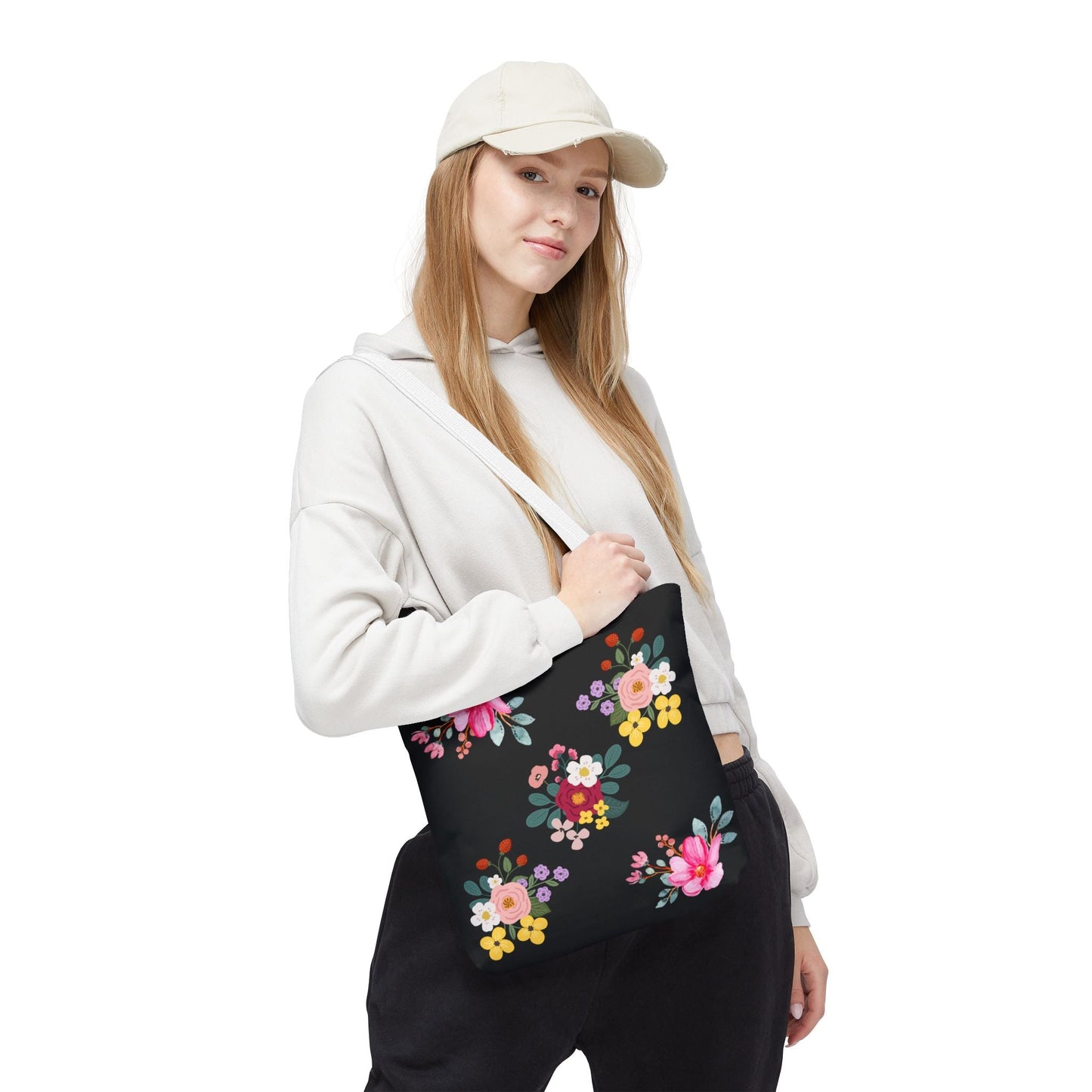 Floral Embroidered Tote Bag - Stylish Black Floral Design for Everyday Use