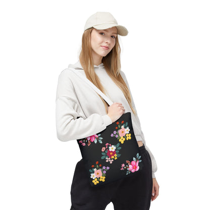 Floral Embroidered Tote Bag - Stylish Black Floral Design for Everyday Use