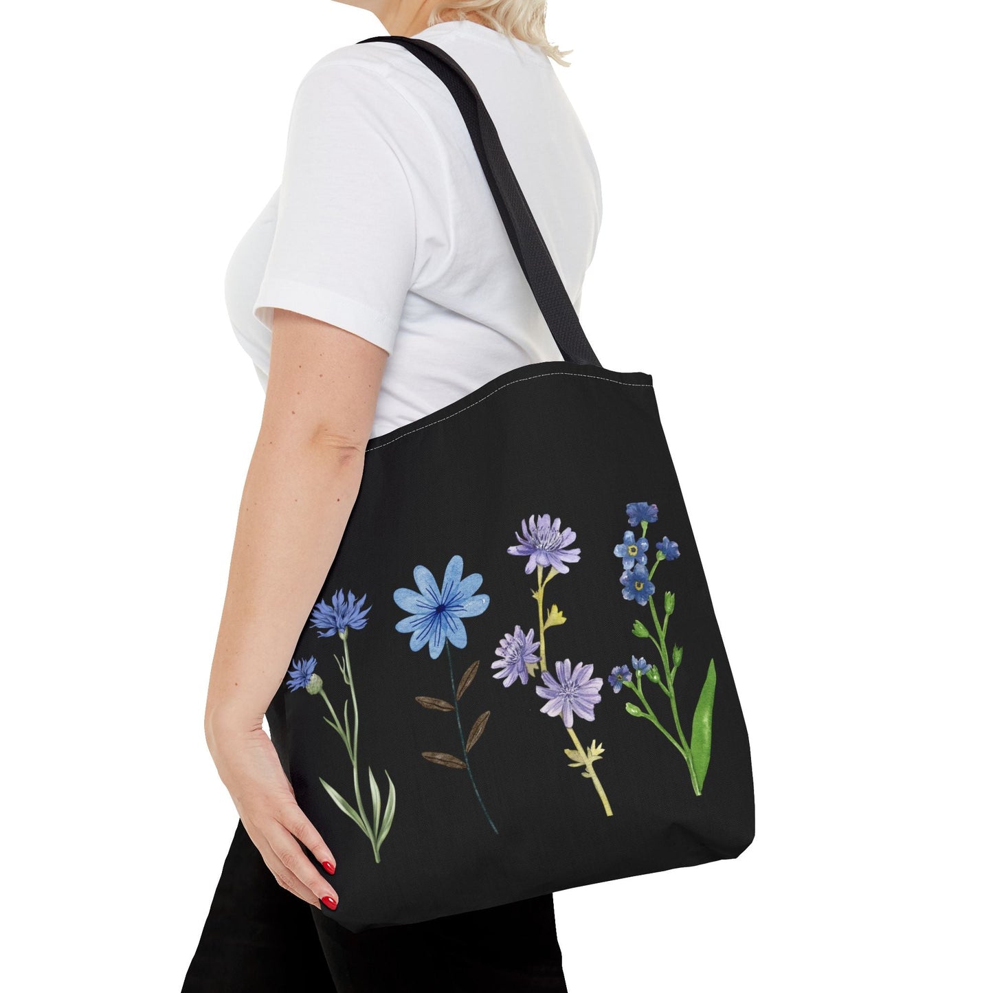 Floral Elegance Tote Bag - Stylish Black Canvas with Colorful Wildflowers for Everyday Use