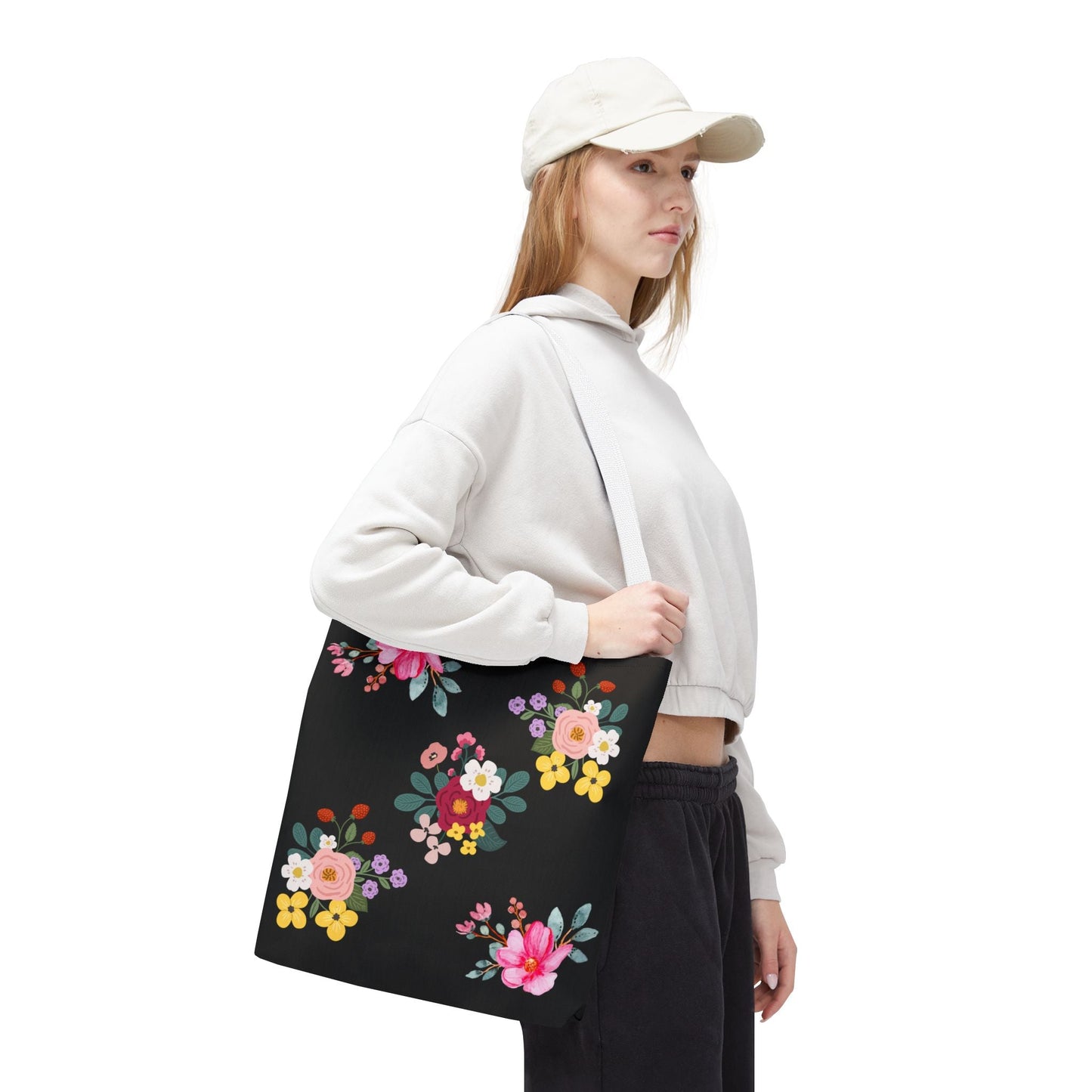 Floral Embroidered Tote Bag - Stylish Black Floral Design for Everyday Use