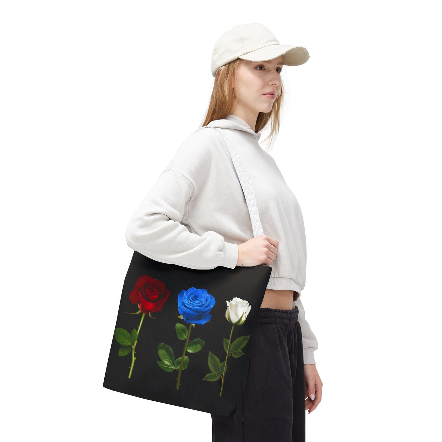 Elegant Floral Tote Bag - Red, Blue & White Roses Design