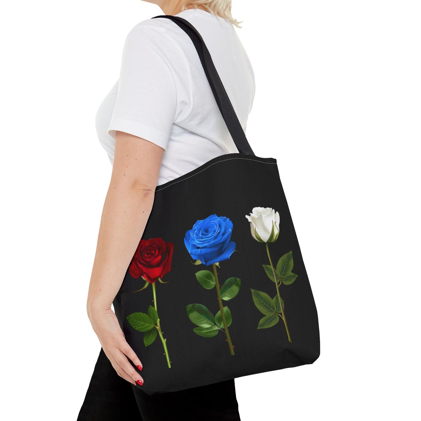 Elegant Floral Tote Bag - Red, Blue & White Roses Design