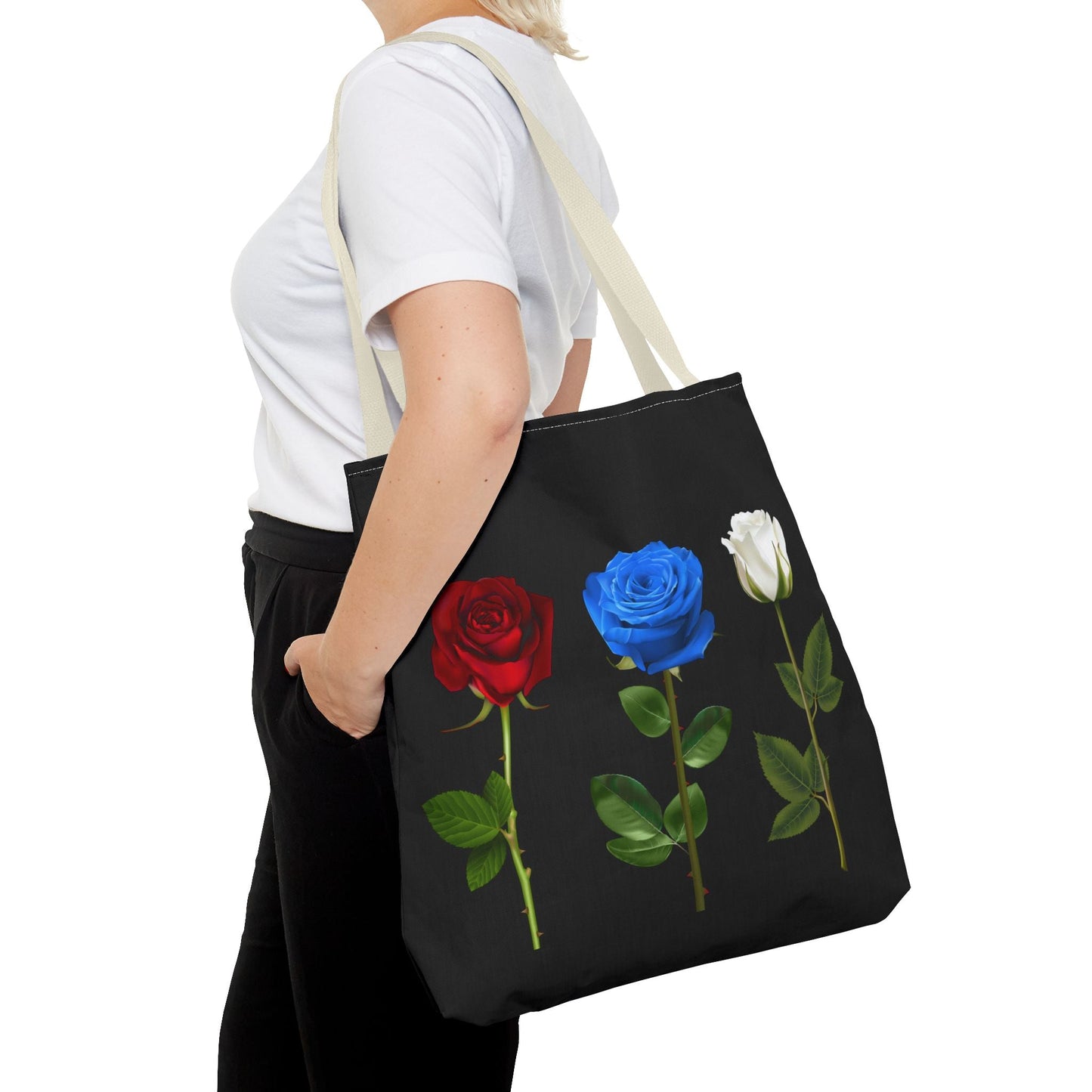 Elegant Floral Tote Bag - Red, Blue & White Roses Design