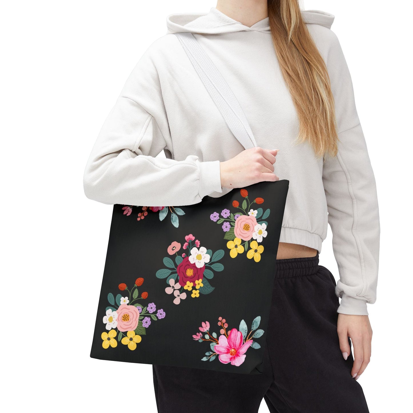 Floral Embroidered Tote Bag - Stylish Black Floral Design for Everyday Use