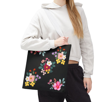 Floral Embroidered Tote Bag - Stylish Black Floral Design for Everyday Use