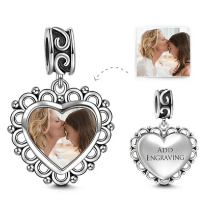 Heart Dangle Engraved Photo Charm Silver