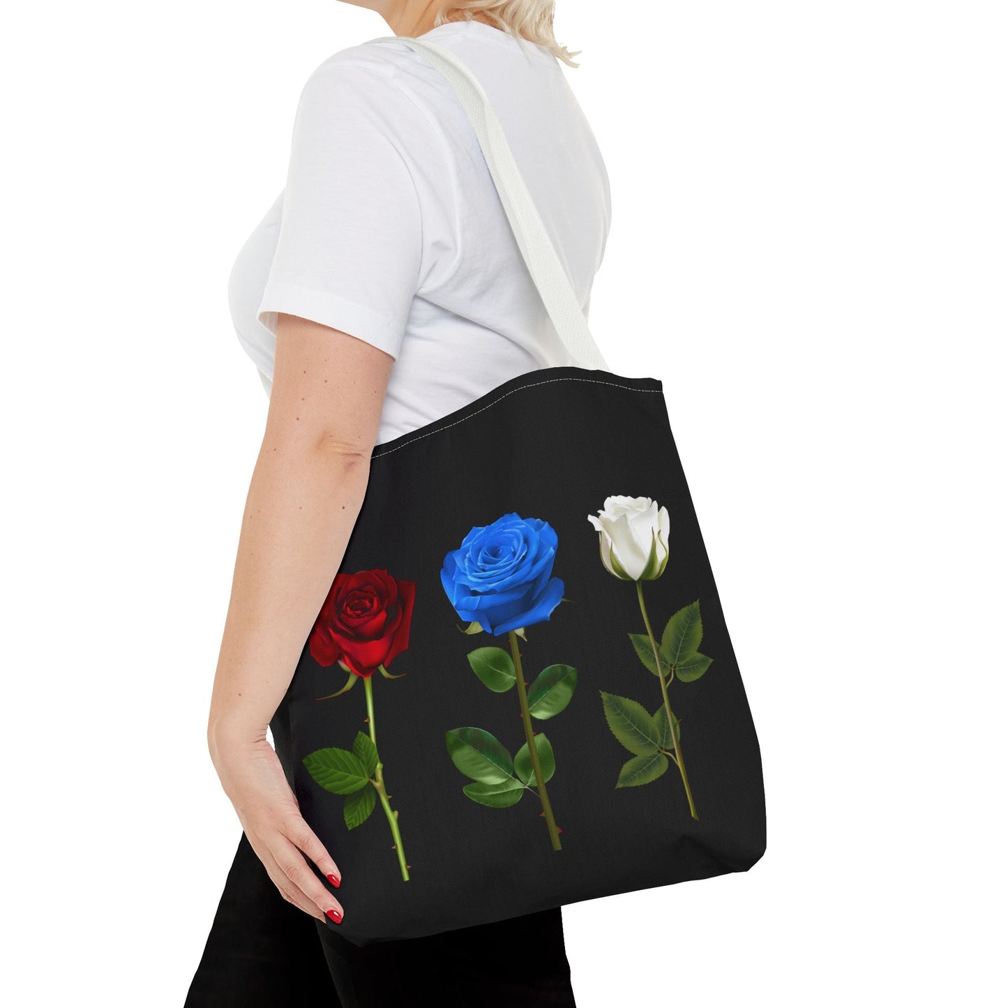 Elegant Floral Tote Bag - Red, Blue & White Roses Design