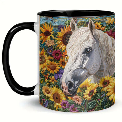Sunflower Garden White Horse Ceramic Coffee Mug