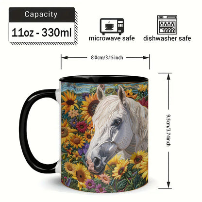 Sunflower Garden White Horse Ceramic Coffee Mug