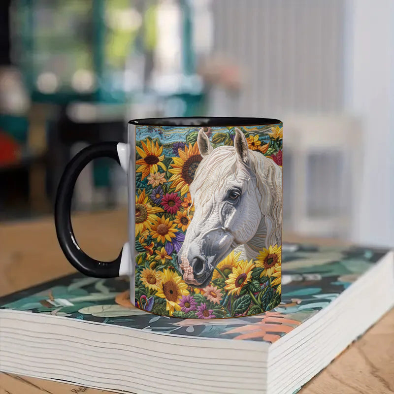 Sunflower Garden White Horse Ceramic Coffee Mug