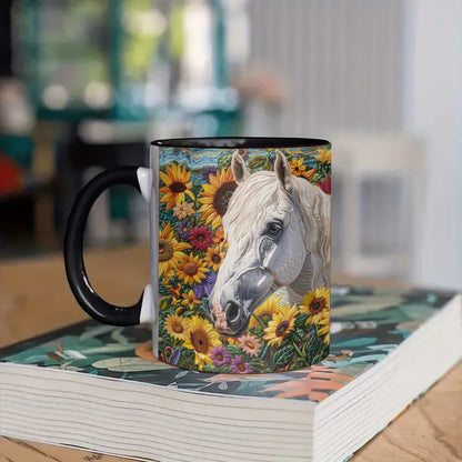 Sunflower Garden White Horse Ceramic Coffee Mug
