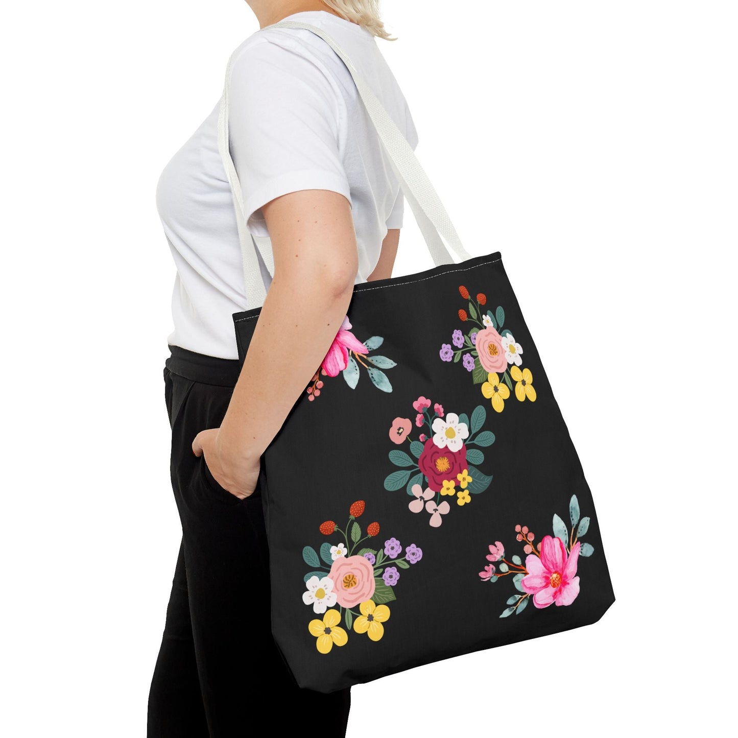 Floral Embroidered Tote Bag - Stylish Black Floral Design for Everyday Use