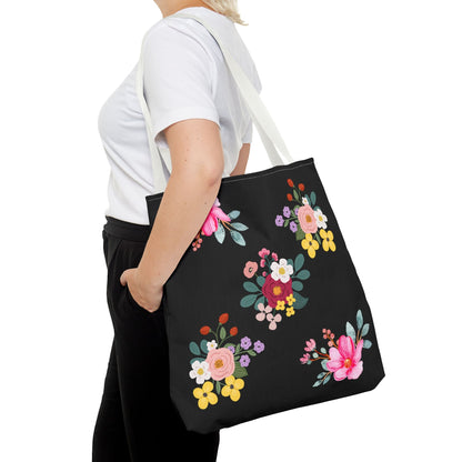Floral Embroidered Tote Bag - Stylish Black Floral Design for Everyday Use