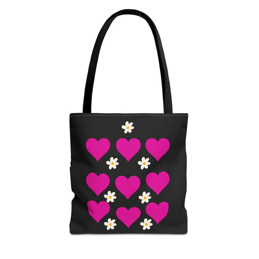 Floral Hearts Tote Bag - Chic Black Canvas Shopping Bag for Everyday Use