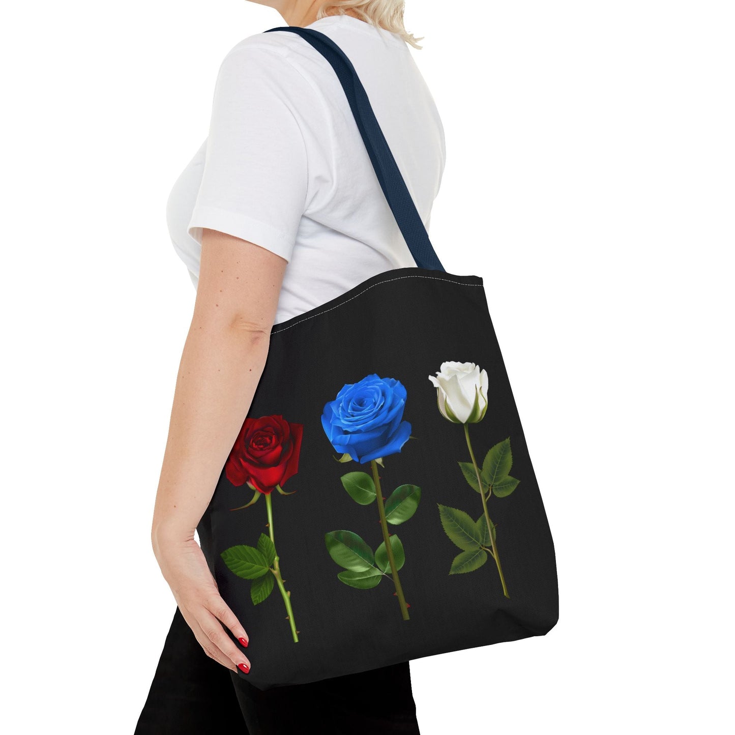 Elegant Floral Tote Bag - Red, Blue & White Roses Design