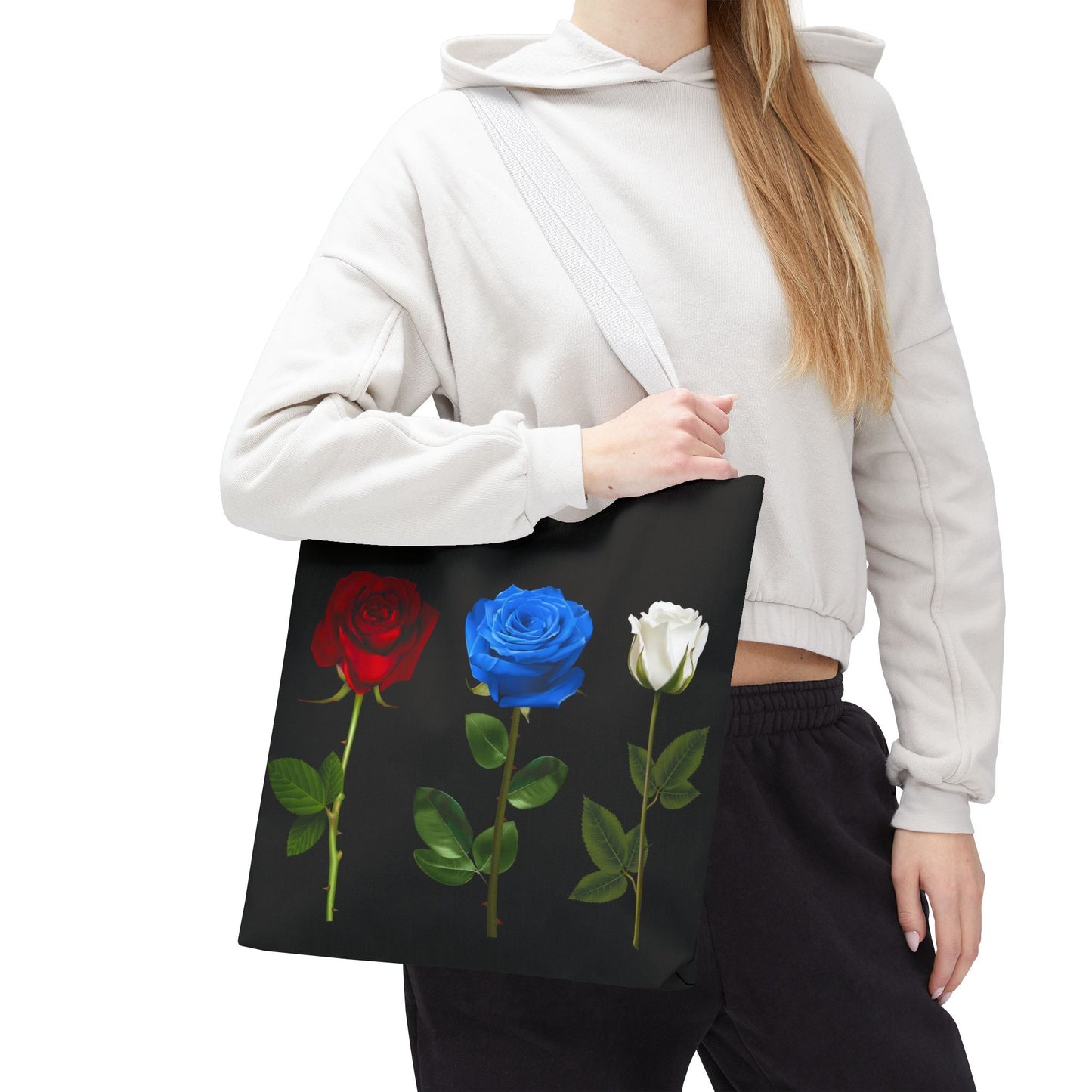 Elegant Floral Tote Bag - Red, Blue & White Roses Design