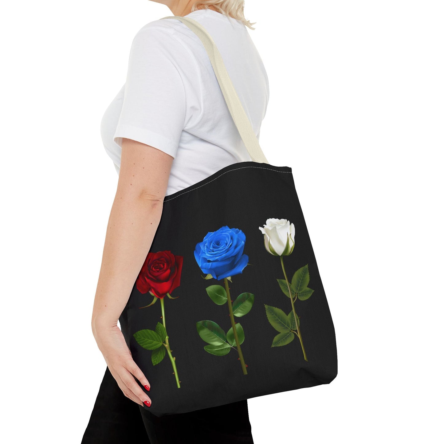 Elegant Floral Tote Bag - Red, Blue & White Roses Design