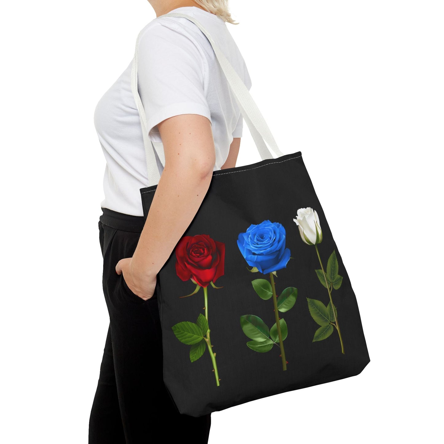 Elegant Floral Tote Bag - Red, Blue & White Roses Design