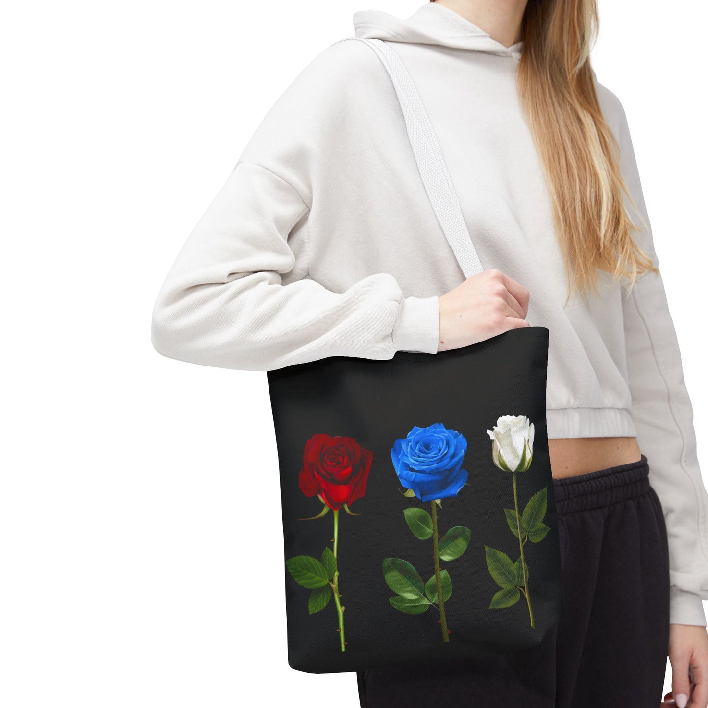 Elegant Floral Tote Bag - Red, Blue & White Roses Design