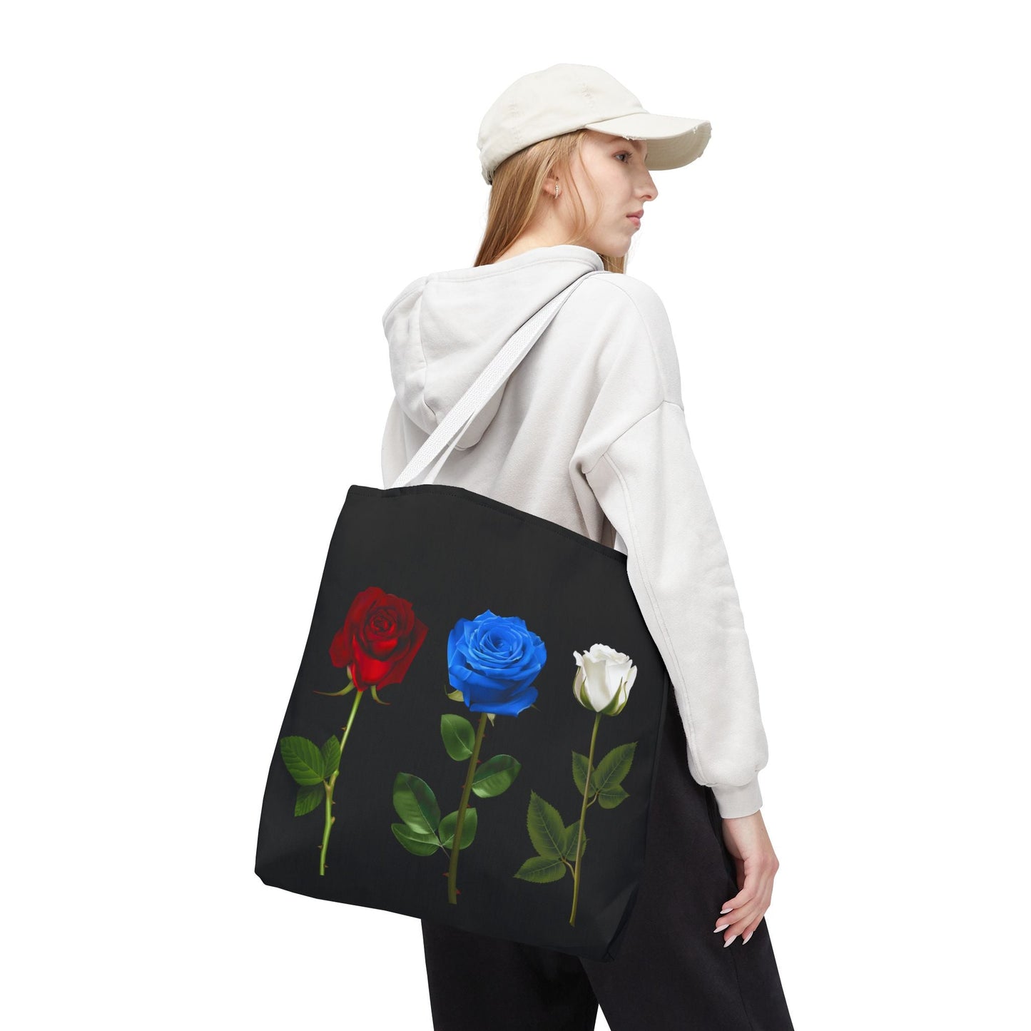 Elegant Floral Tote Bag - Red, Blue & White Roses Design