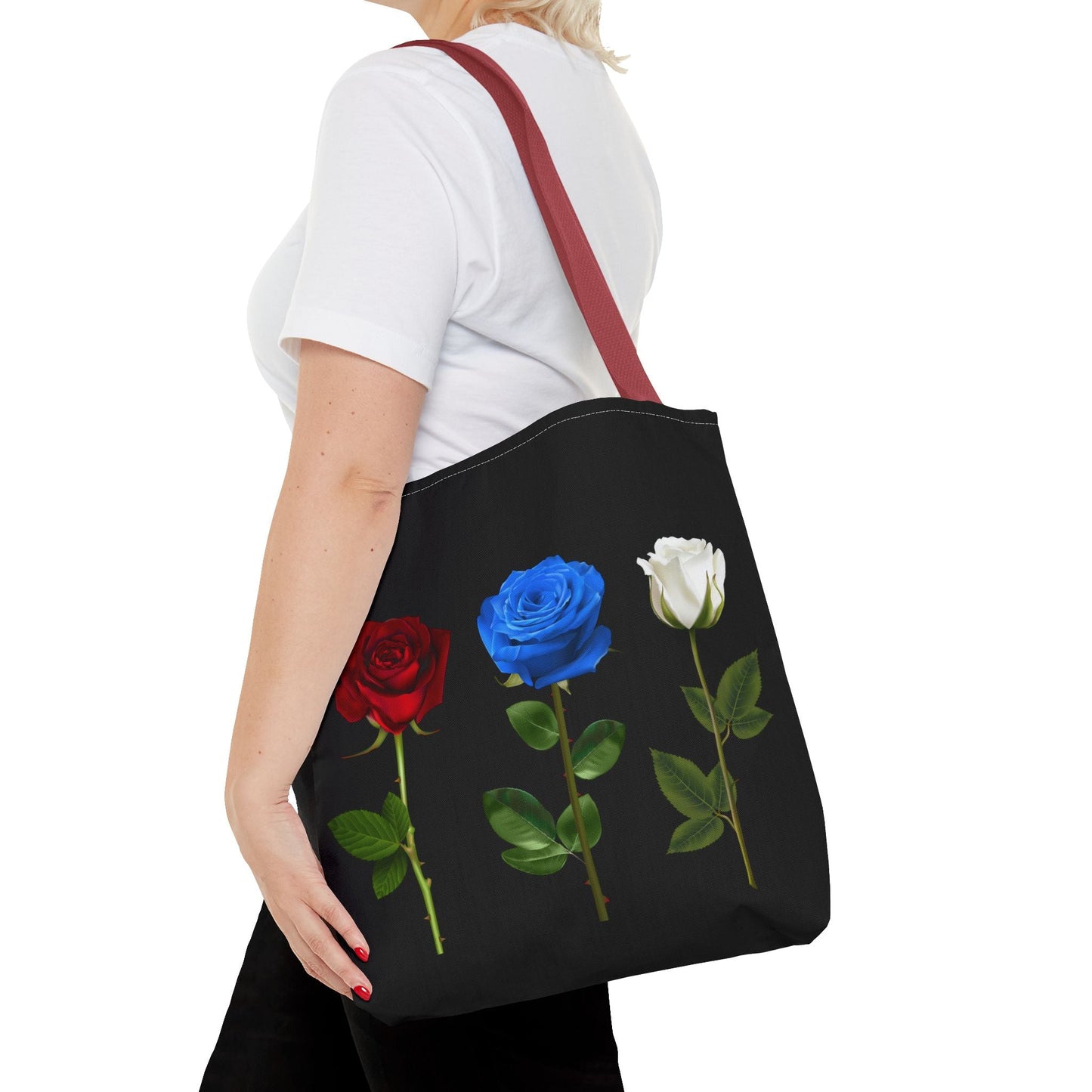 Elegant Floral Tote Bag - Red, Blue & White Roses Design
