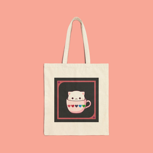 Cute Cat Coffee Cup Canvas Tote Bag – Eco-Friendly & Fun Shopping Bag