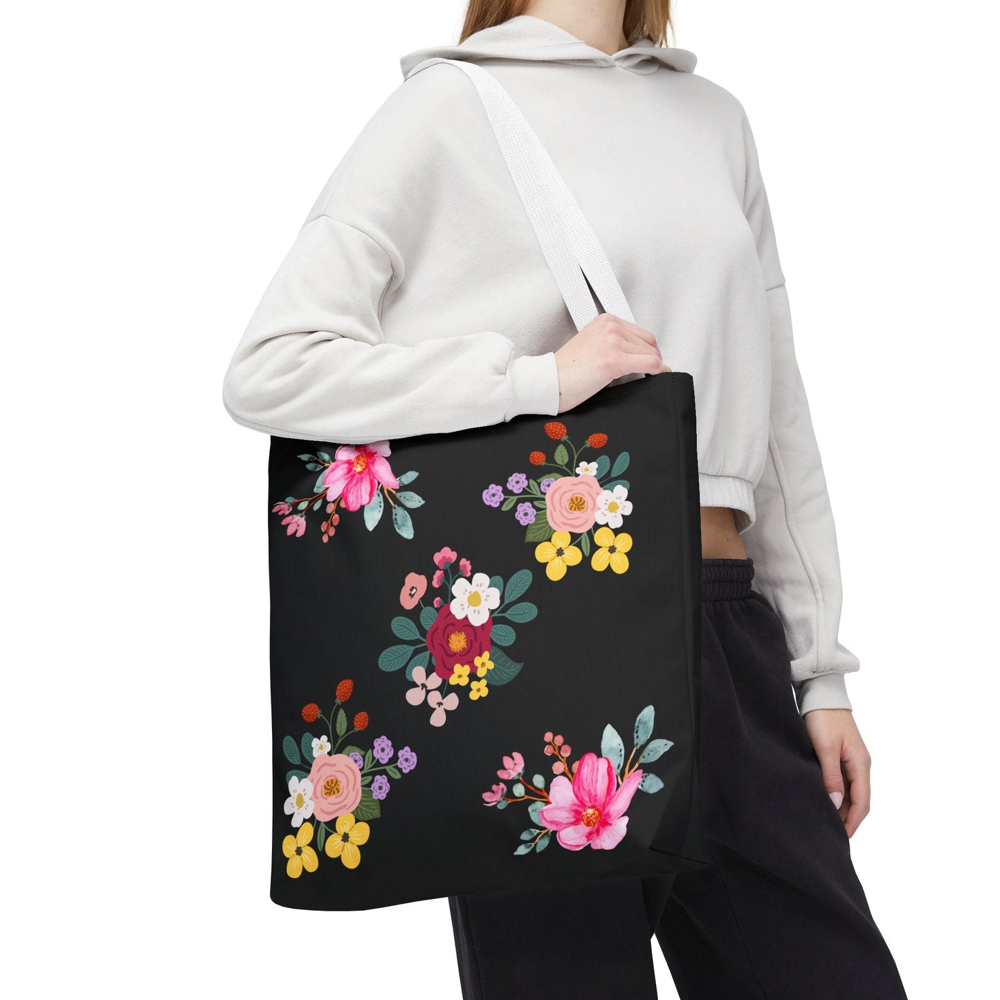 Floral Embroidered Tote Bag - Stylish Black Floral Design for Everyday Use