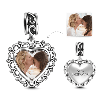Heart Dangle Engraved Photo Charm Silver